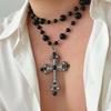 Ingemark Luxury Vintage Rhinestone Chain Imitation Pearl Chain Necklace for Women Punk Cross Pendant Choker Christian Jewelry