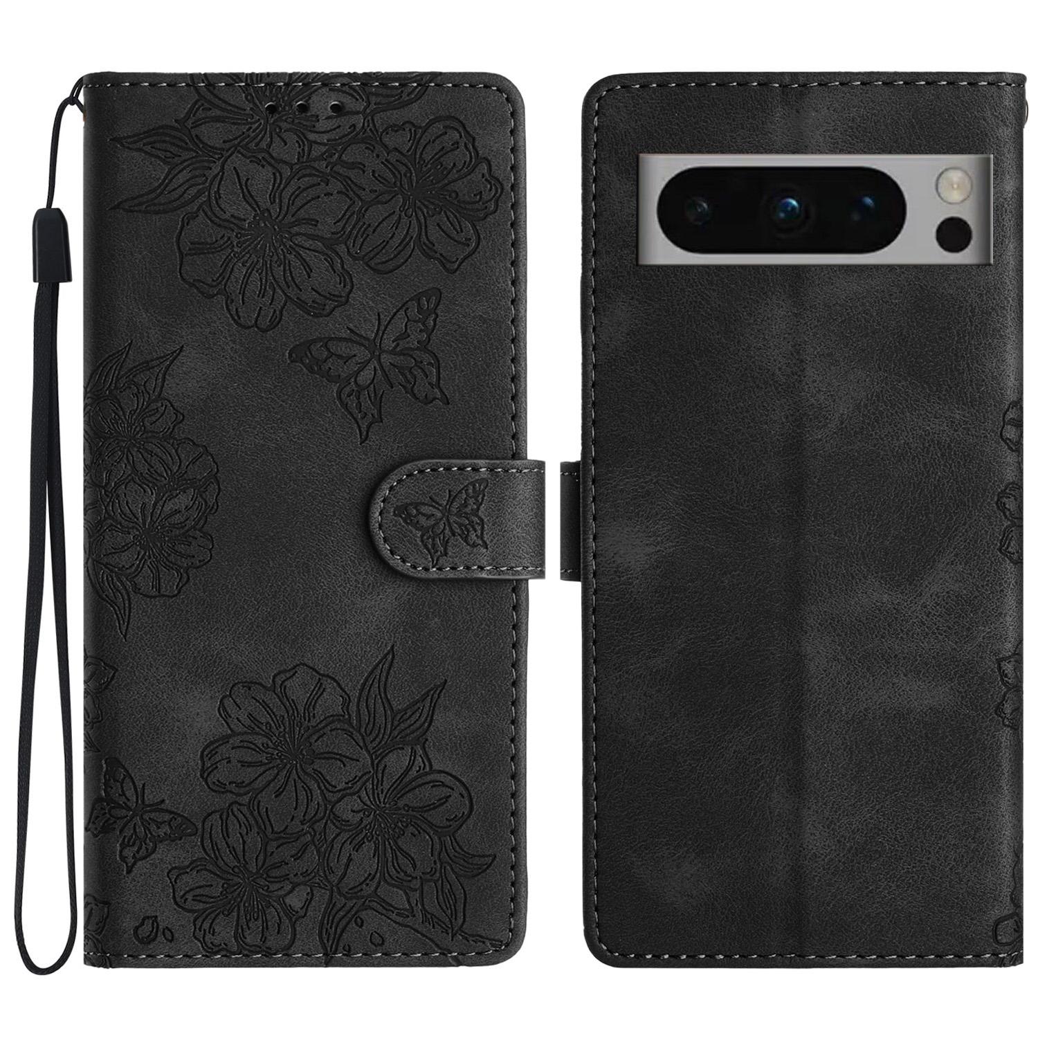 

For Google Pixel 8 Pro Case PU Leather Flip Protective Phone Cover Imprinted Butterfly Flowers Black