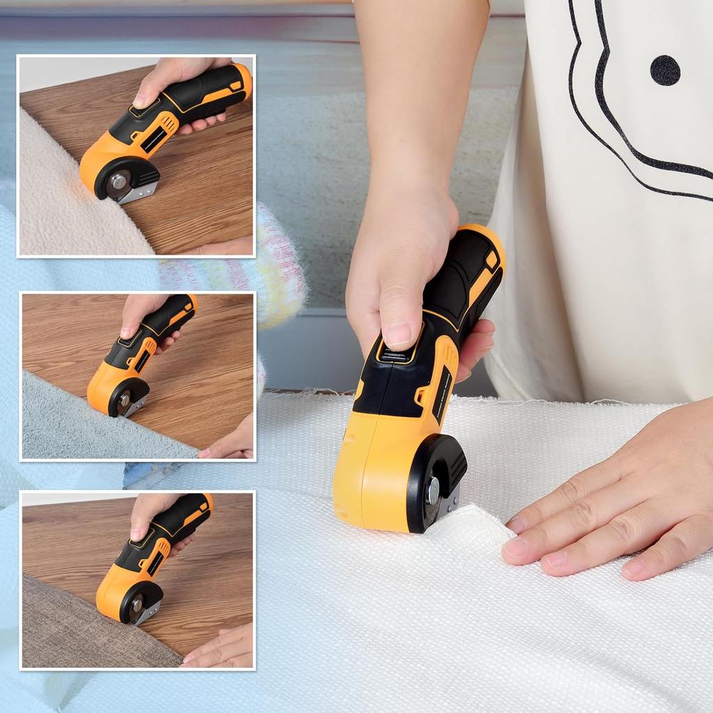 Jomeda Akku-Elektroschere, 4 V wiederaufladbarer Rotationsschneider mit wiederaufladbarem LED-Licht, Sicherheitsverriegelung zum Schneiden von Stoff, Karton, Leder,