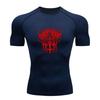 Men's Quick Dry Compression Fitness T-shirt, Satanic Red Thorn Print Inverted Cross Casual Athletic Tee for Gym Workout Running Training Wear