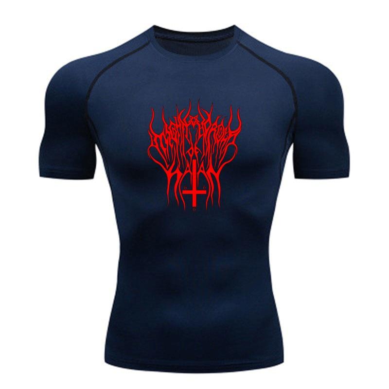 Men's Quick Dry Compression Fitness T-shirt, Satanic Red Thorn Print Inverted Cross Casual Athletic Tee for Gym Workout Running Training Wear