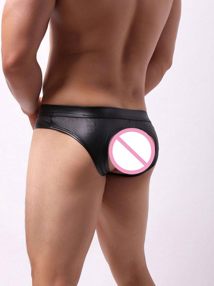 Sexy Men'S Pu Leather Panties Rear Hollow Out Butt Porn Low Waist Briefs Man Lingeries Sissy Wear Erotic Underwear   U Pouch