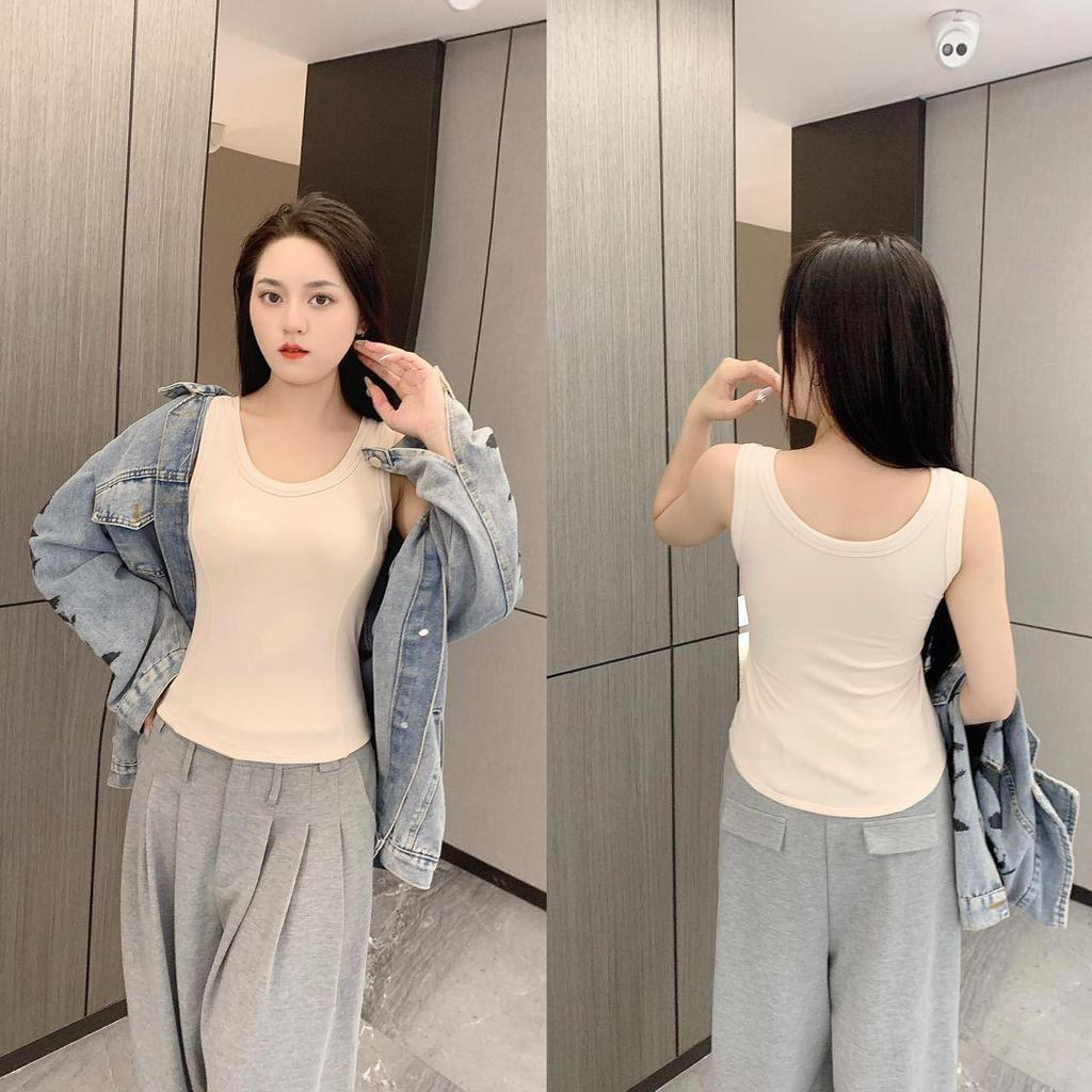 2024 Women's Pure Cotton Brushed Sleeveless Vest with Chest Pads - Slimming and Warm