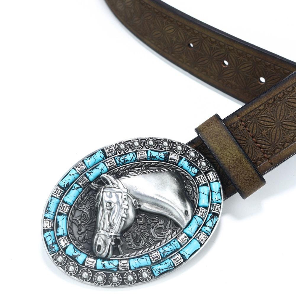Men'S Western Denim Belt Horseback Retro Blue Retro Horsehead Punk Belt