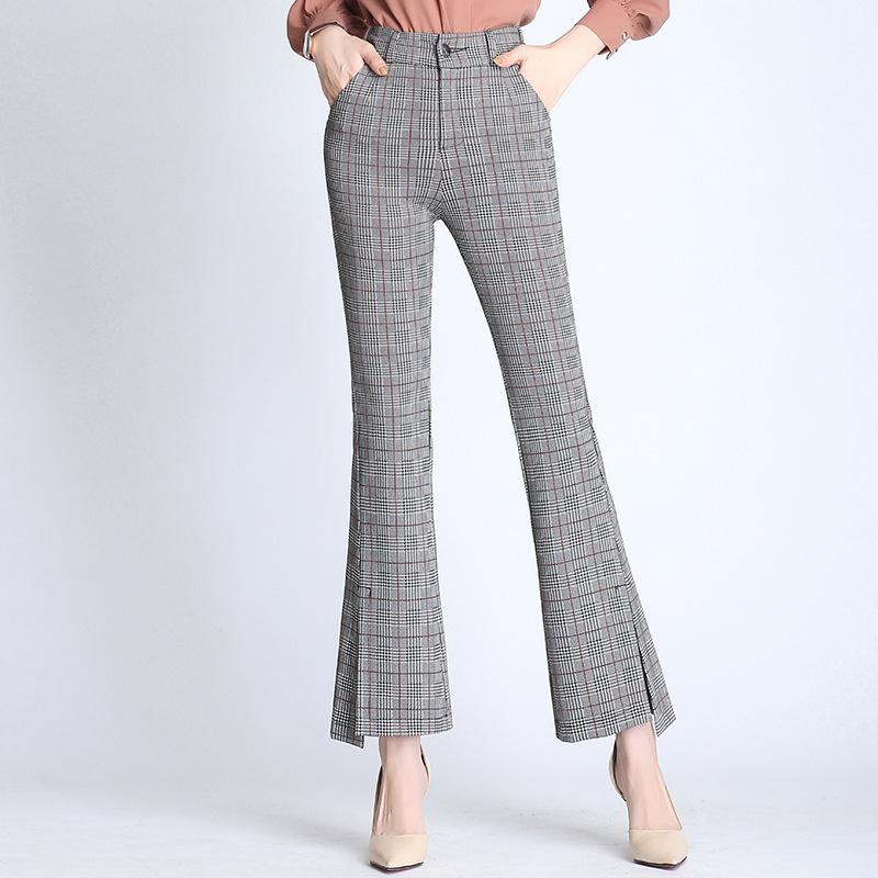 Plaid Flared Pants New Women's Nine-Quarter Pants 2026 Spring Elastic High-Waisted Slim-Fit Flared Pants with Slits