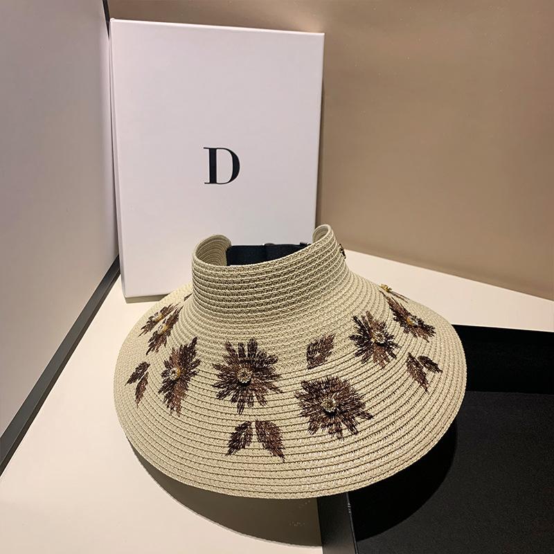 Fashionable Straw Visor Hat With Rhinestone Embroidery Foldable Sun Protection Beach Cap Versatile Shopping Summer Hat