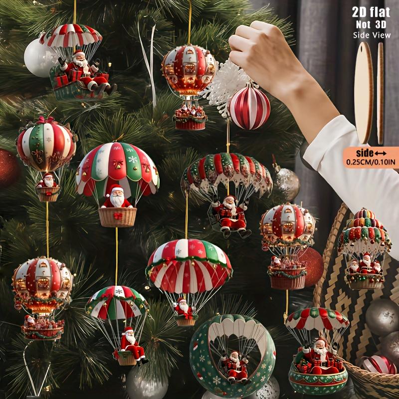 12pcs Christmas Tree 2D Wooden Hanging Decoration Set with Mobile Santa Claus and Hot Air Balloon-Xmas Perfect Holiday Gift Deco