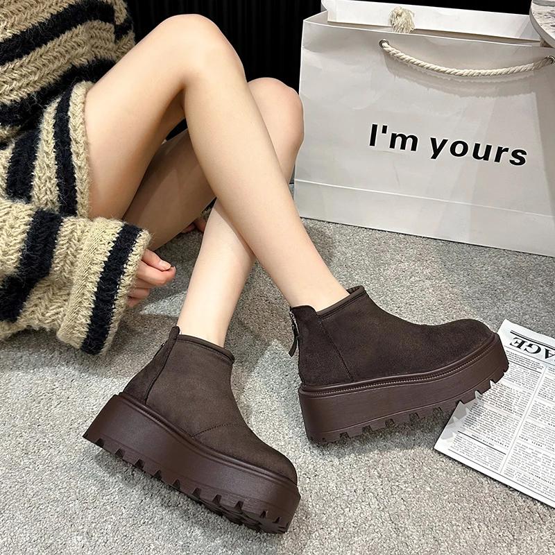 Damenmode Keilabsatz Baumwollstiefel Winter Neu Runde Spitze Wildleder Reißverschluss hinten Dicke Sohle Rutschfest Kurze Schneestiefel