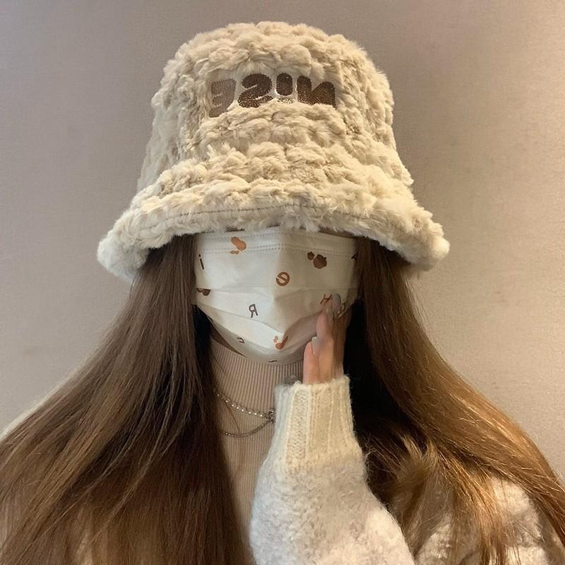 New hat women's autumn and winter plush warm plush bucket hat big head circumference show washbasin hat