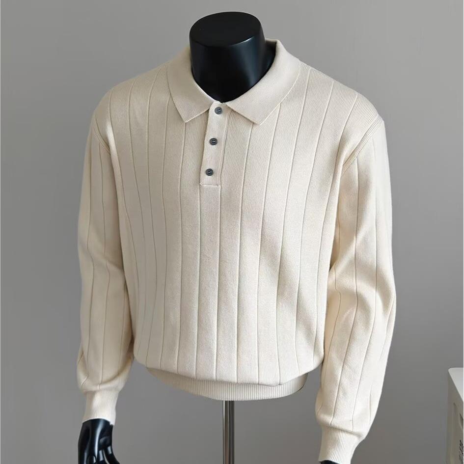 

Men s Retro Ribbed Polo Knit Shirt: 2025 Autumn/Winter Long Sleeve Lapel Sweater XL (130-140 Jin) абрикосовий