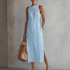 YYFS Women's Fashion Summer Spring Solid Color Print Sleeveless O-Neck Loose Waistline Casual Dresses