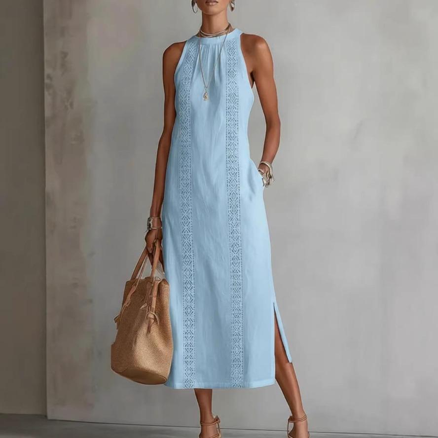 YYFS Women's Fashion Summer Spring Solid Color Print Sleeveless O-Neck Loose Waistline Casual Dresses