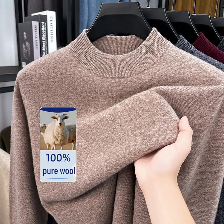 Men’s Autumn-Winter Pure Wool Machine Washable Sweater, Thickened, Half-High Collar, Warm Base Layer
