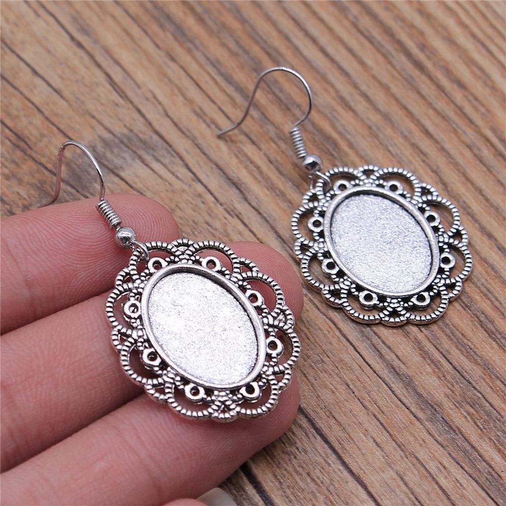 Drop & Dangle Earring Oval Ear Hook Glass Cabochon Base Setting Tray Vintage Jewelry SuppliesEarring Size 18x19mm QE017
