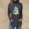 Women's Fashionable Loose-Fit High-Neck T-Shirt With Christmas Print Long-Sleeved Top