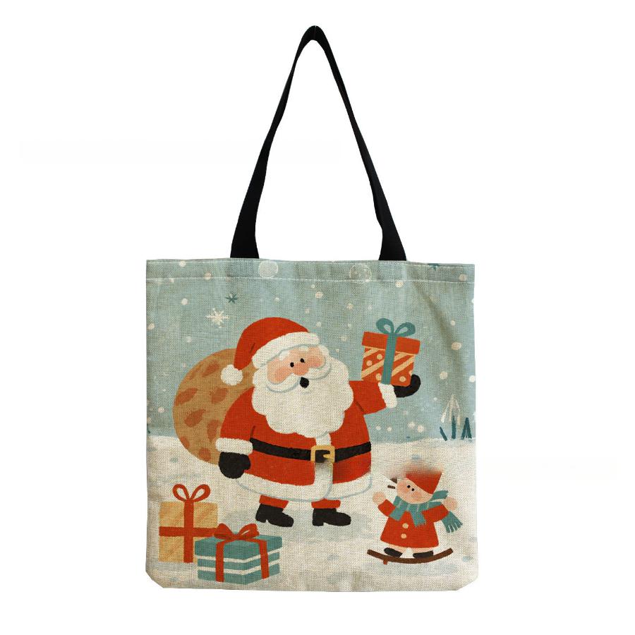Women Vintage Linen Tote Bag - Large Capacity Christmas Print Shoulder Handbag for Casual & Grocery Shopping KTB