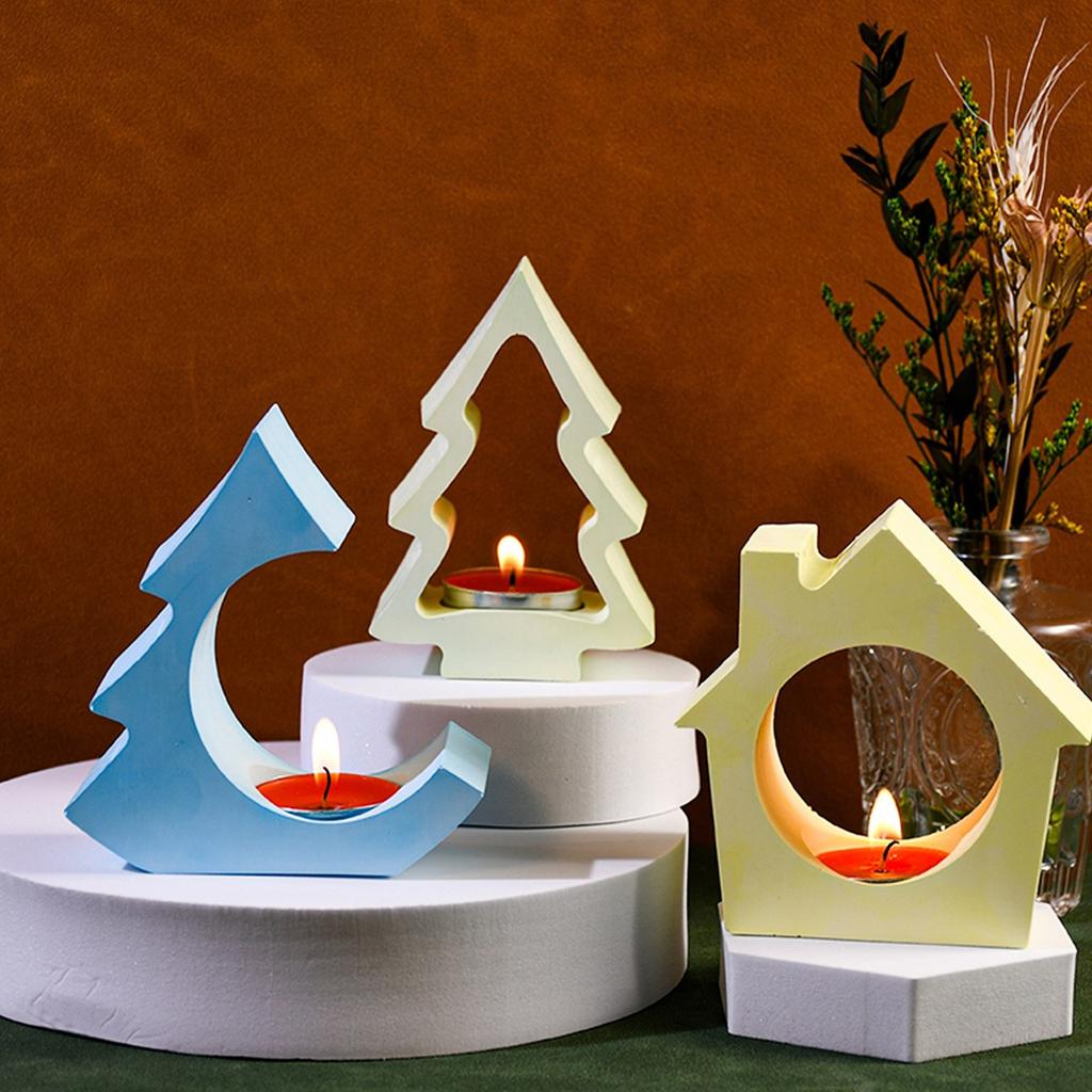 Candlestick Molds Silicone Crafts Mold House/Tree Shape Candle Stand Moulds Silicone Texture Ornament Molds for Candle