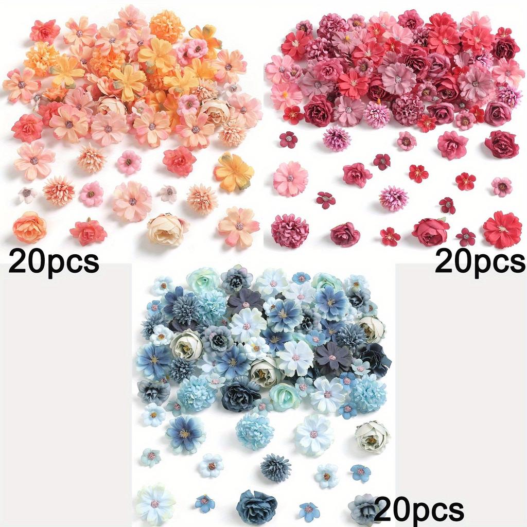 60Pcs Mix Artificial Flowers Head Silk Rose Fake Flowers for Home Room Decor Wedding Decoration Craft Gifts Wreath Accessories