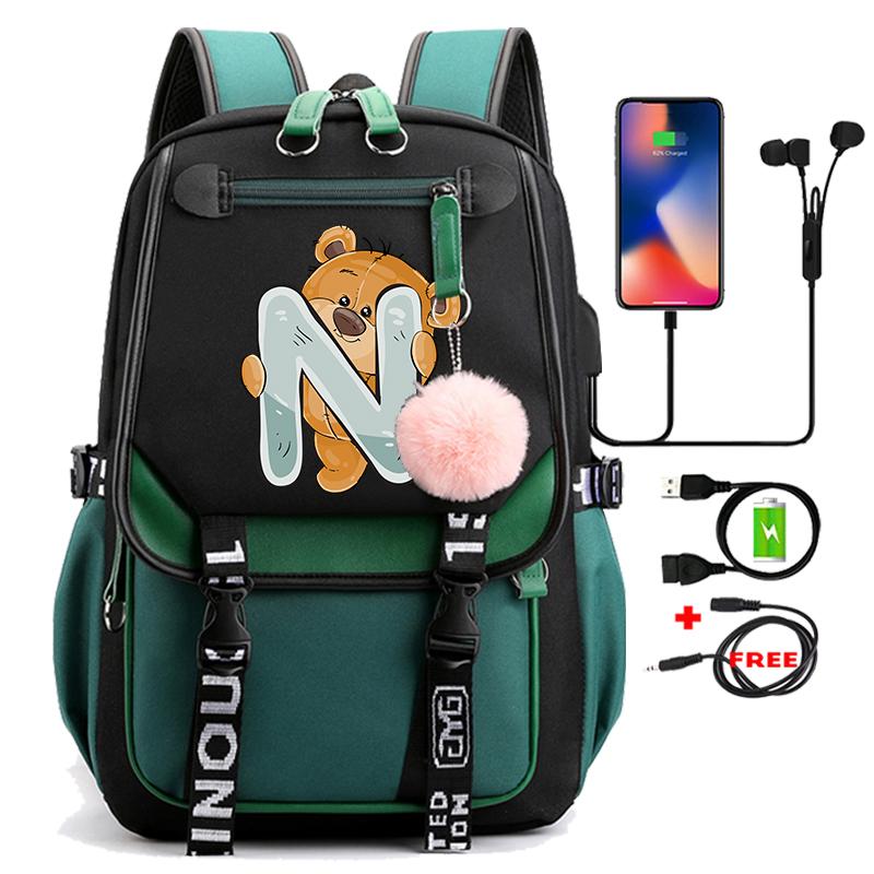 Lovely Little Bear 26 English Letters Student School Bag Backpack Outdoor Teenage Girl Cartoon Bookbag Laptop Travel Rucksack