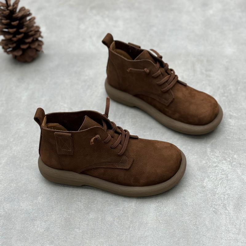 Johnature Retro Handgemachte Kurze Stiefel aus echtem Leder Runde Zehenpartie Gummiband Slip-on Damenschuhe