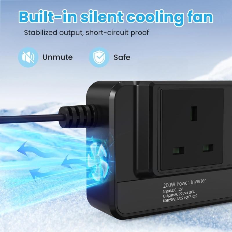 200W Car Power Inverter 12V To 220V Converter with 4 USB Ports & Double Outlets Easy to Carry for Vehicles Trucks RVs