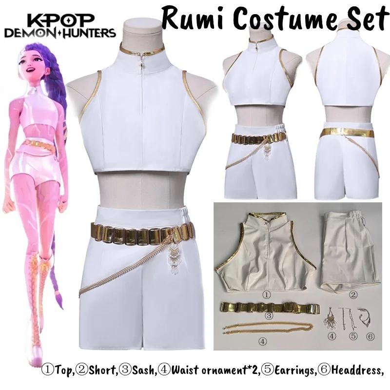 KPop Lovci démonů Děti Rumi Zoey Mira Cosplay třpytivý Kostým Bílá Uniforma Sada Huntrix Oblečení Pro Dívky Halloween Hra na role