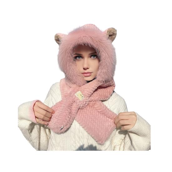 Thermal Elastic Scarf Hat Bear Ear Decor Autumn Winter 2 In 1 Scarf Hat Outdoor Activities Skiing Camping Warm Headwear