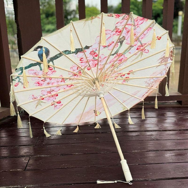 70cm Silk Fabric Tassel Umbrella Handheld Chinese Style Ancient Dance Umbrella Decorative Windproof Classical Oil Paper Umbrella
