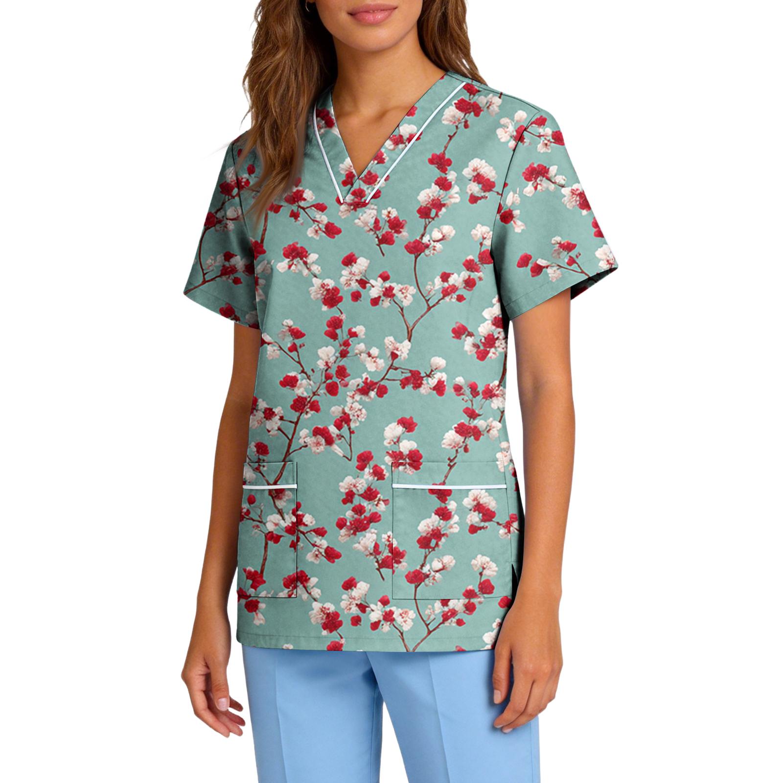 

Women’s Stretch Quick Dry V Neck Short Sleeve Scrub Top with Pockets Floral Botanical Print for Healthcare Work Uniform M