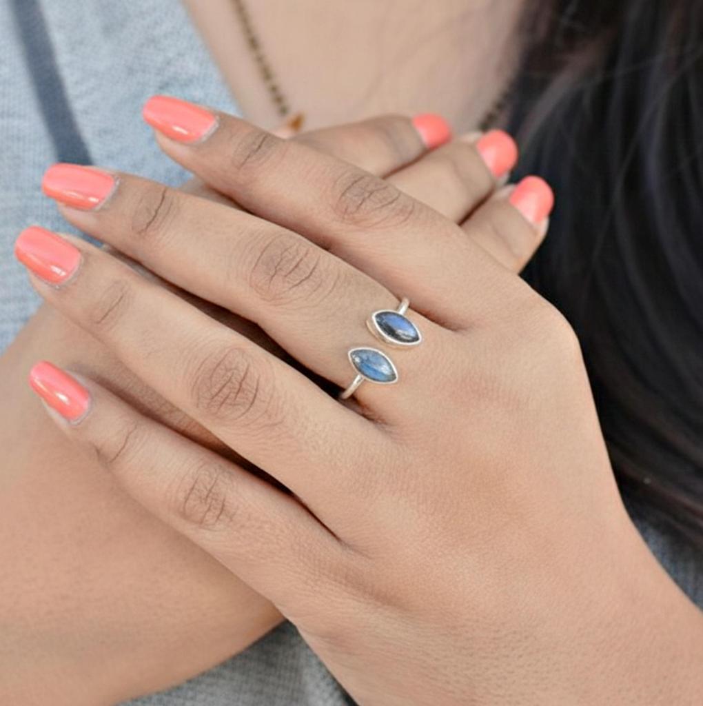 Blue Labradorite Dual Marquise Cut Gemstone Ring, 925 Sterling Silver, Minimalist Open Adjustable Ring for Women