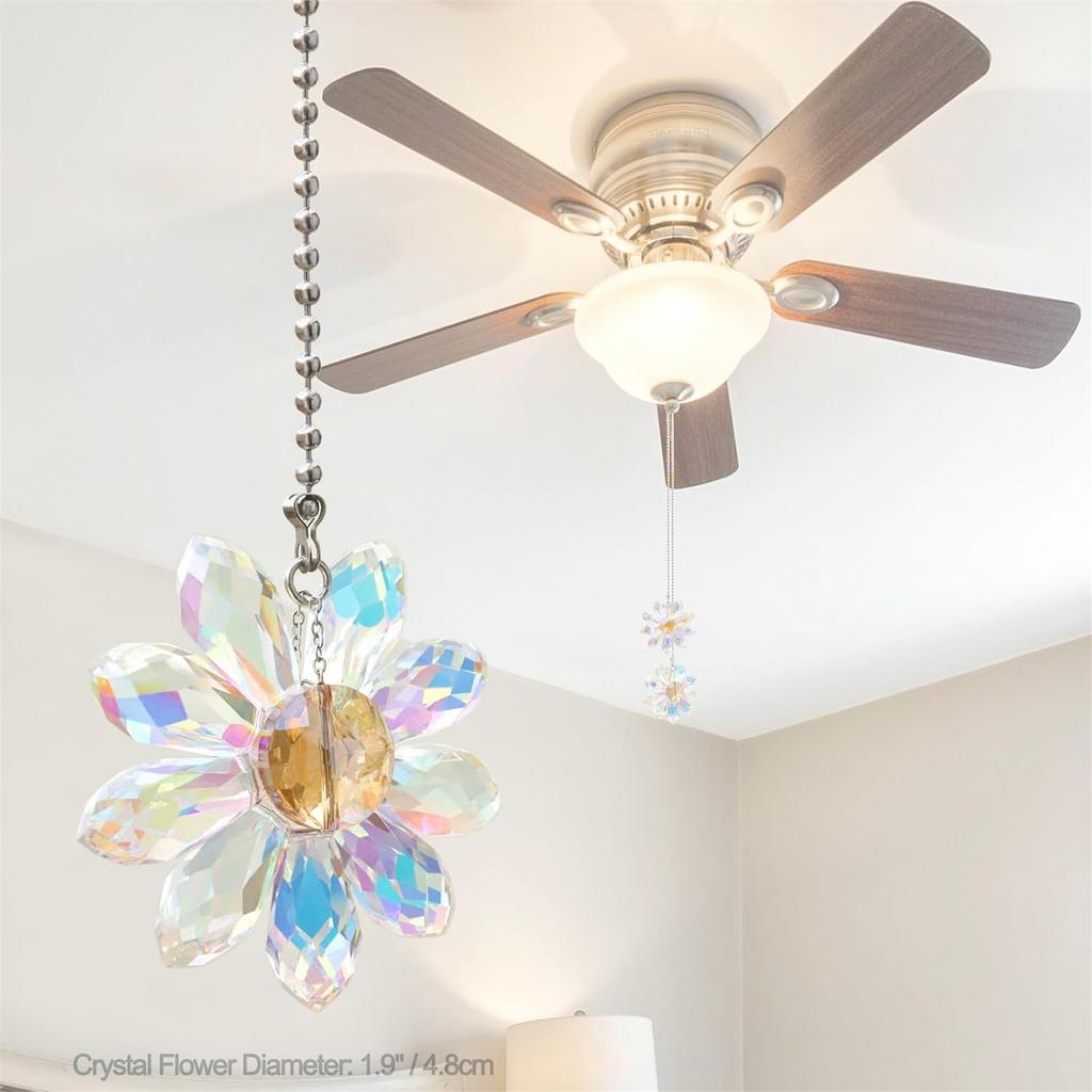 2Pieces Fashionable Crystals Glass Flower Ceiling Fan Pull Chain Set Extenders for Home Decoration In Vibranting Color