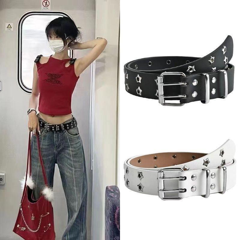Contemporary Summer Womens Belt With Striking Double Row Star Buckle In Pu Leather