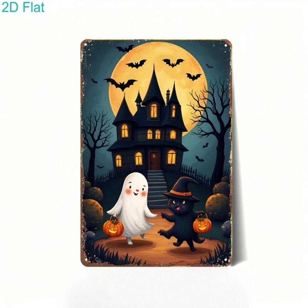Vintage Halloween Metal Sign – Cute Ghost, Black Cat & Pumpkin, 2D Wall Art for Home, Bar, Cafe, Party Decor