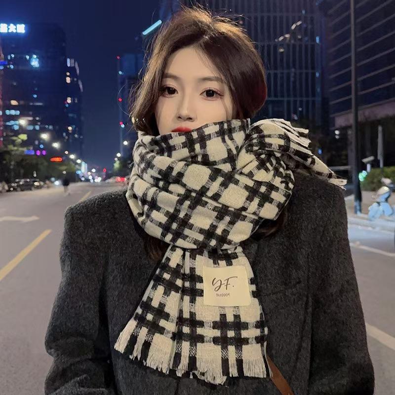 Autumn and Winter New Maillard Color Imitation Cashmere Color Plaid Scarf Women's Winter High-end Sense Versatile Shawl Warm Scarf