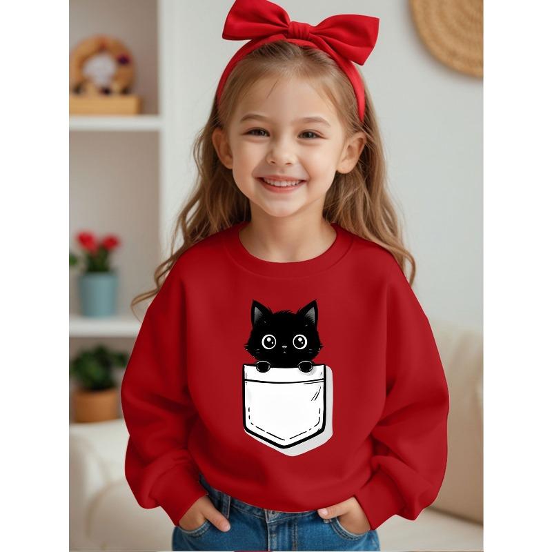 European sizes Comfortable Kids' Crewneck Sweatshirt - Casual Round Neck Design, Fun Black Cat Pocket Print, Soft Fabric