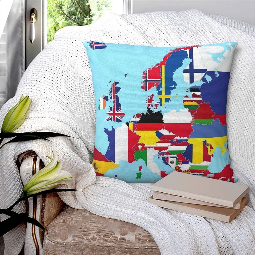 Europakarte Flaggen Quadratische Kissenhülle Kissenbezug Polyester Kissen Reißverschluss Dekorative Komfort-Zierkissen für Zuhause Wohnzimmer