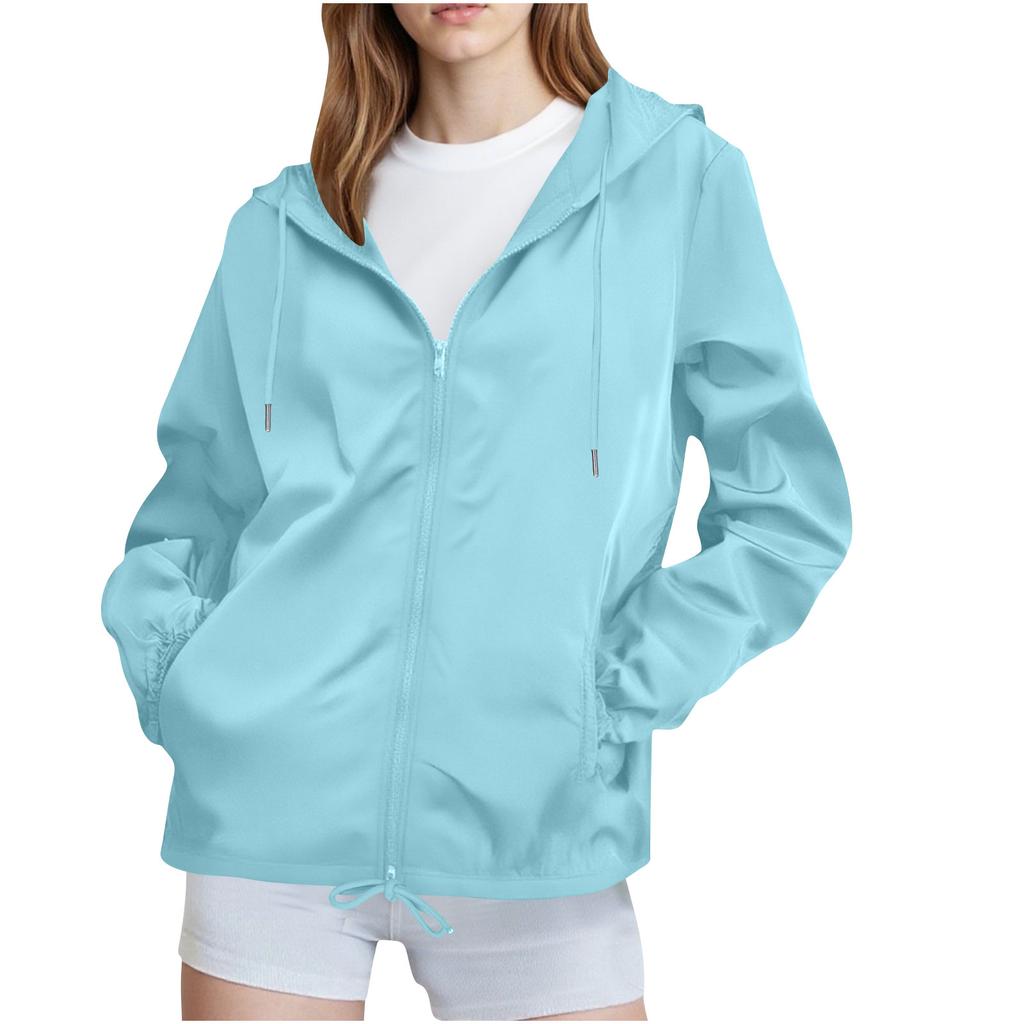 Women Solid Rain Jacket Outdoor Plus Waterproof Hooded Raincoat Windproof
