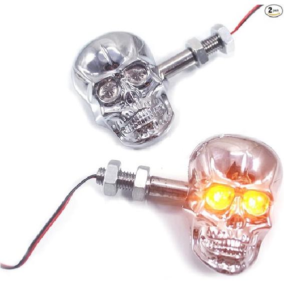 10mm Screw Skull Head LED Amber Turn Signal Indicator Light (Chrome)