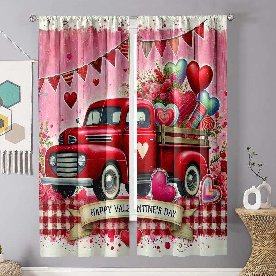 2pcs Red Truck Love Valentine's Day Curtains   Deep American Holiday Style   Living Room and Bedroom   Drawbar Pocket Decoration