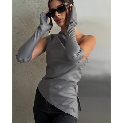 Women's Clothing Sexy Slanted Collar Off-Shoulder Irregular PU Leather Vest Women's Top Sleeve Cover