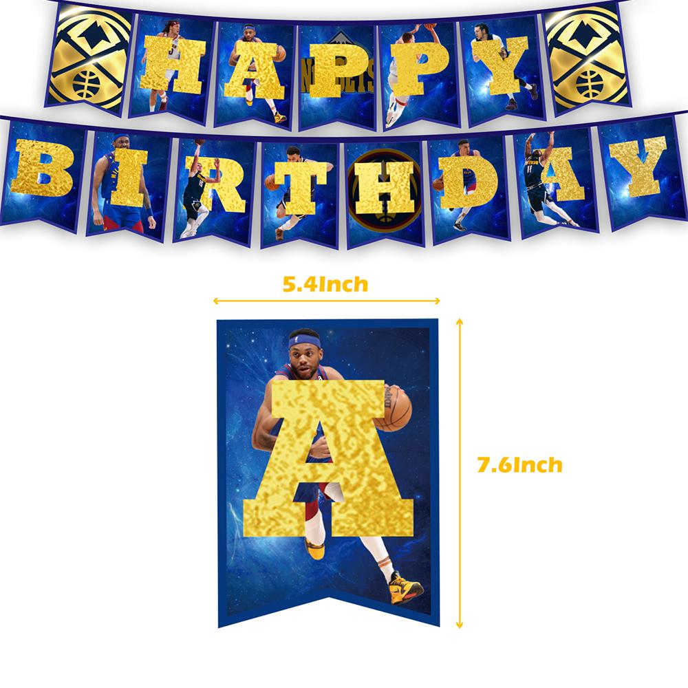 32pcs Denver Nuggets Party Supplies include a Banner, Cake Toppers, Balloons