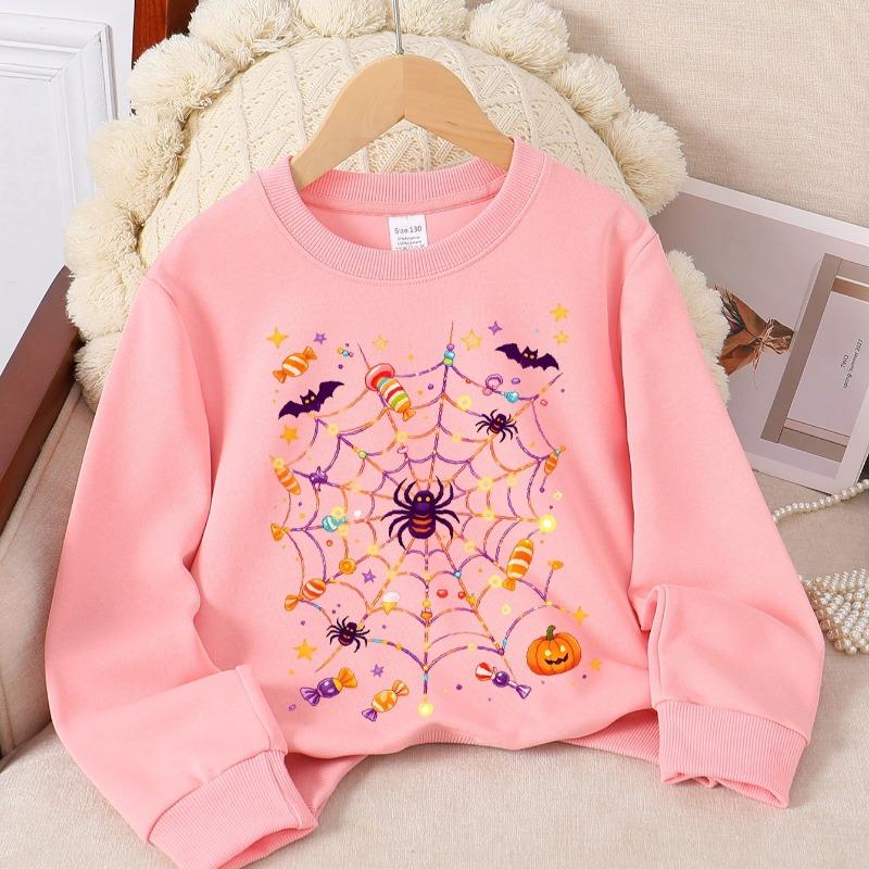 Kids Fall Winter Crew Neck Sweatshirt, Halloween Spider Web Candy Pumpkin Print