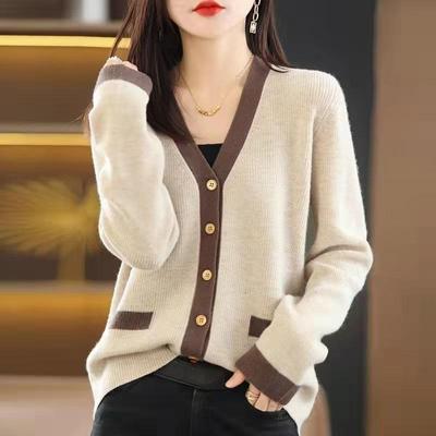 Autumn Women Fashion Color-block Cardigan Sweater Loose Knitted Top