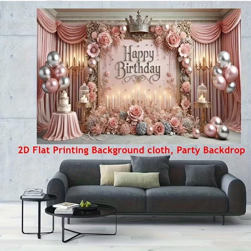 2D Luxury Pink Rose & Crown Happy Birthday Photography Background Banner