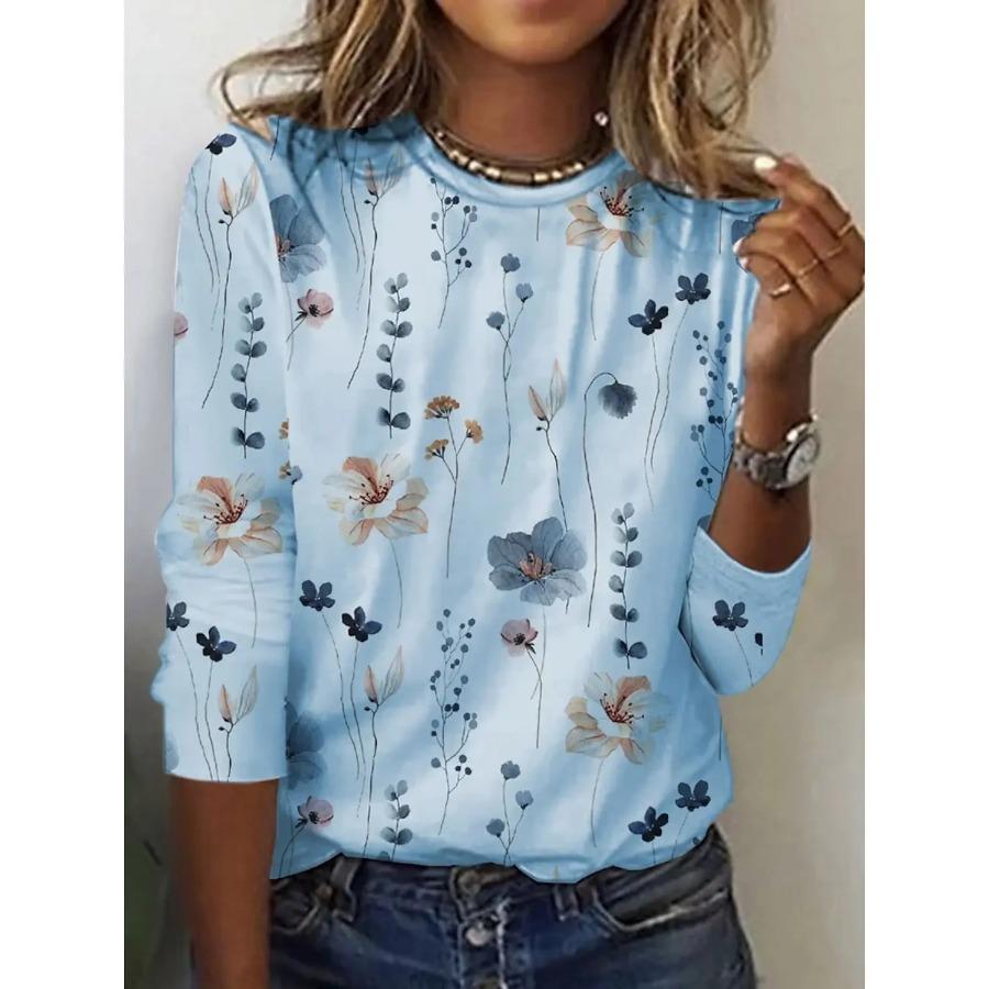 Damen T-Shirt, Oberteile, Blumenmuster, 3D-Druck, modisch, langärmelig, Festival, Urlaub, lustig, O-Ausschnitt, normale Passform, Frühlings- und Herbst-Sweatshirt