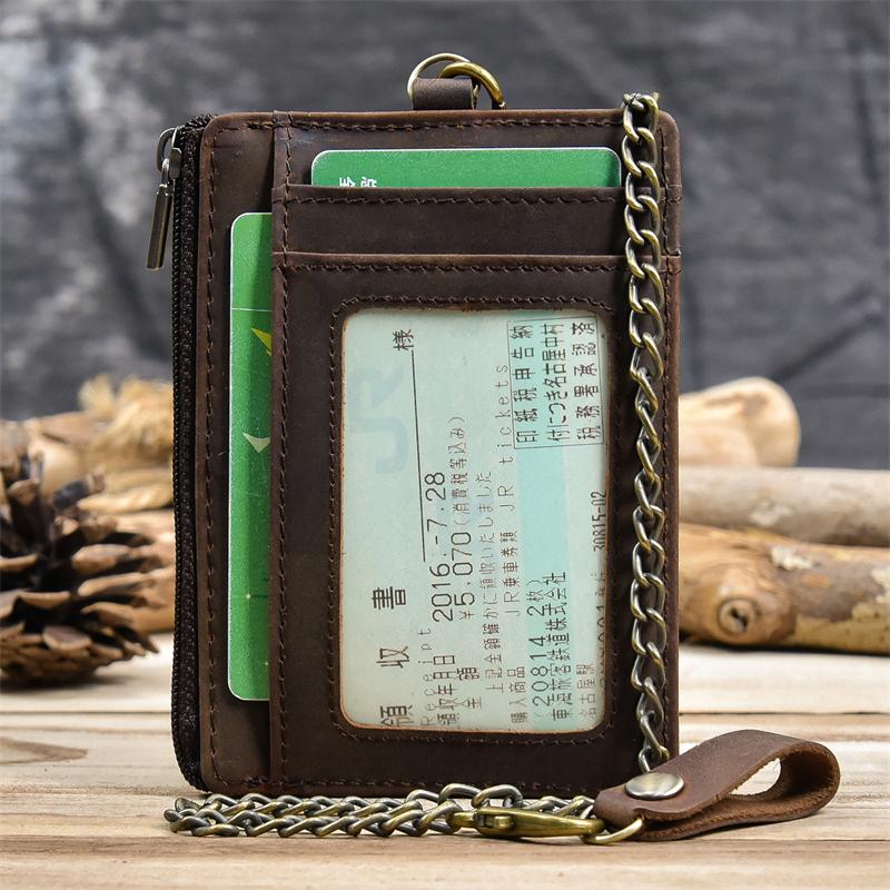 Genuine Leather Card Purse Men Women ID Credit Zipper Mini Coin Purse Wallet With iron Key Chains Men's Small Wallet For Tickets