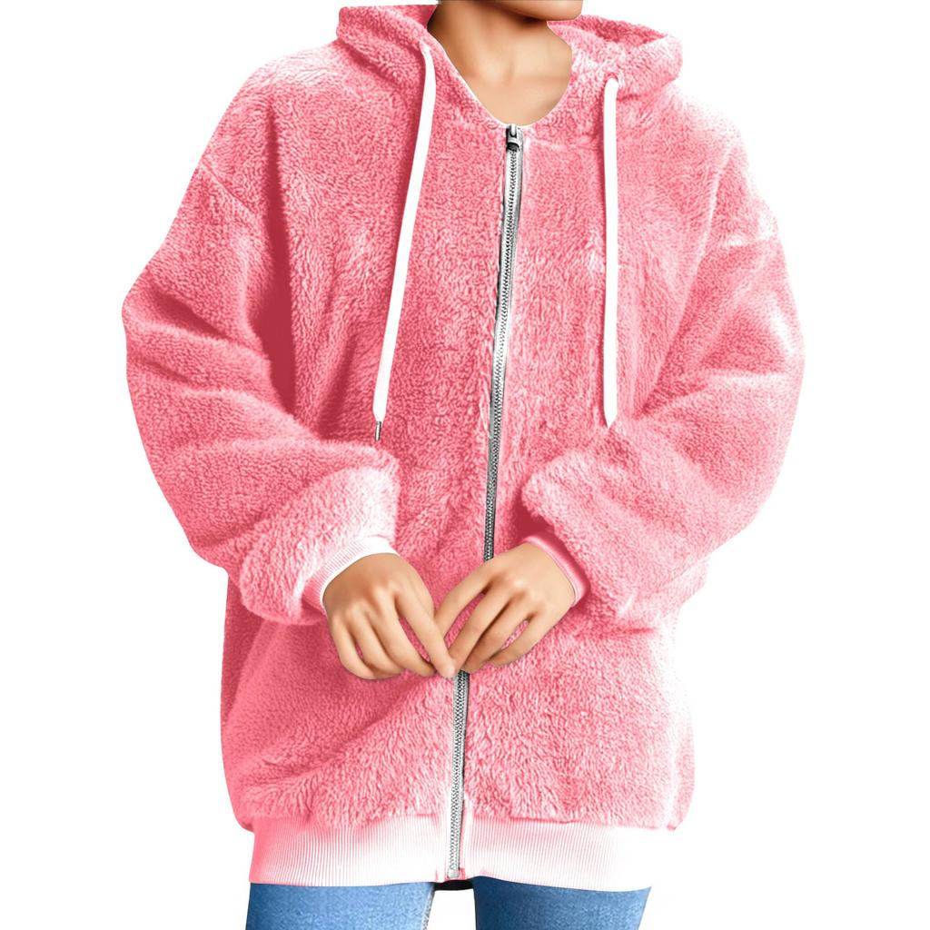 Felpa con cappuccio da donna alla moda calda in pile tinta unita con tasca con cerniera giacca casual