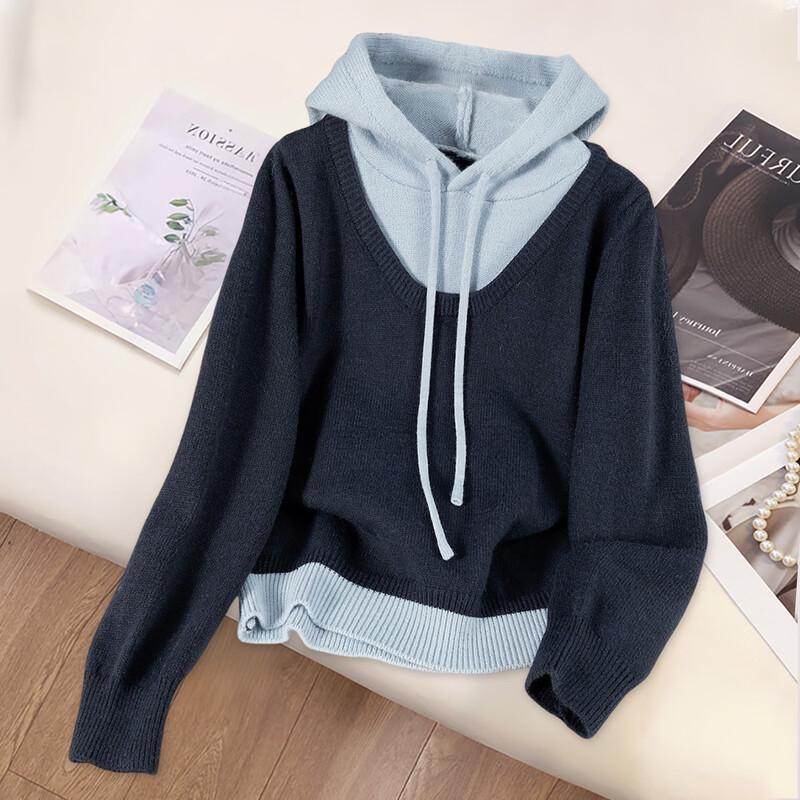 Women's Color-block Hooded Faux Two-piece Sweater