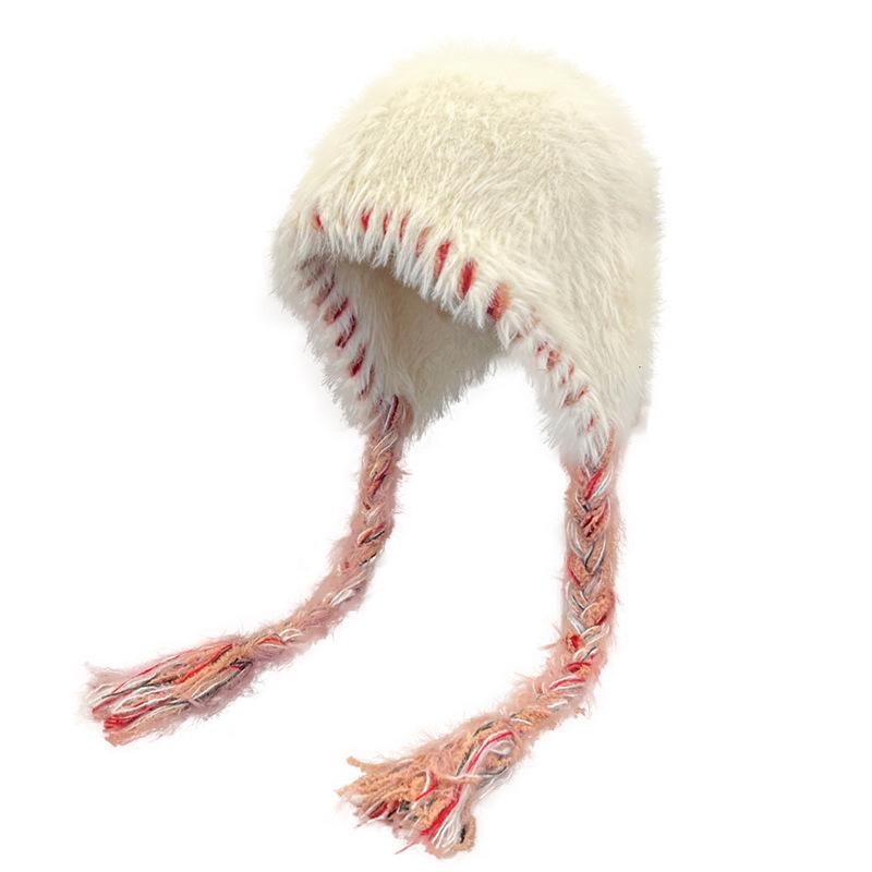 Cute Plush Hat Women's Autumn and Winter Colorful Fringed Braids Knitted Pullover Hat Ear Protector