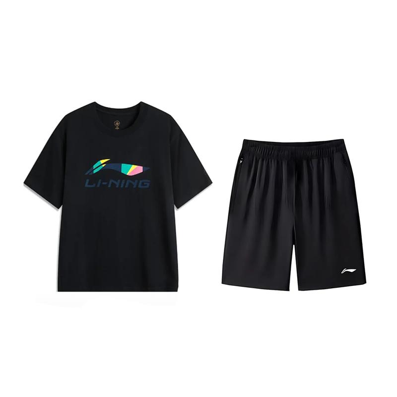 Li Ning Logo Print Letter Fashion Comfortable Simple Trendy Versatile Round Neck Pullover Casual Sports Suit Unisex Suit AHSVD61-2+AKSV843-1